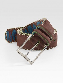 Printed interior adds a pop of color to this smooth suede belt with contrasting stitch detail.SuedeAbout 1½ wideImported