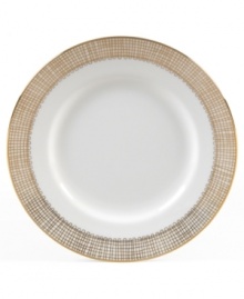 Like fine mesh ribbons, a crisscross of gold bands with platinum accents create this delightfully rustic dinnerware pattern. A beautiful way to bring homespun charm to formal events or exquisite style to every meal.