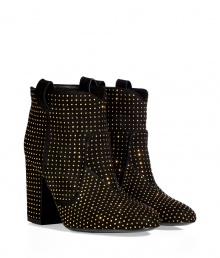 Add a punch of Parisian cool into your edgy footwear wardrobe with Laurence Dacades studded suede ankle boots, detailed with a blocky heel and pull-tabs for that effortless-chic finish - Rounded toe, black suede trim - Hits just above the ankle - Pair with favorite skinnies, or showcase allover studding with opaque tights and micro-minis