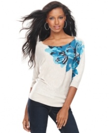 A fresh floral print illuminates INC's three-quarter sleeve petite sweater-- finish the look with your go-to jeans!