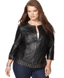 Add some edge to your casual looks with INC's faux leather plus size jacket, flaunting studded trim. (Clearance)