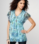 Lovely lace puts a seductive spin on One World's printed tunic. The metal hardware in front add appealing contrast, too!