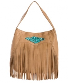 Discover you inner hippie-chic with this fun fringe hobo by Lucky Brand. Coral and turquoise stones adorn the silhouette in a diamond shaped pattern, while decorative stitching adds extra allure.