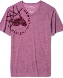 A cool shoulder graphic and a sleek v-neck fit give this Marc Ecko Cut & Sew tee a stylish edge.