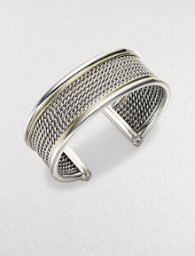 From the Wheaton Collection. A sophisticated cuff combining woven rows of sterling silver with a polished edge and accents of 18k yellow gold. Sterling silver and 18k yellow gold Diameter, about 2½ Width, about ¾ Made in USA