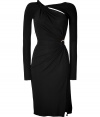 An ultra modern iteration of the Little Black Dress, Emilio Puccis asymmetrical cut-out detailed sheath is as contemporary as it is chic - Asymmetrical top with cut-out detailing, long sleeves, gathered waist with embellished hardware detail, slit side - Form-fitting - Wear with heels and a dusting of fine jewelry