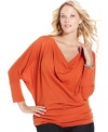 A draped front lends a unique finish to Alfani's three-quarter-sleeve plus size top-- pair it with your go-to casual bottoms.