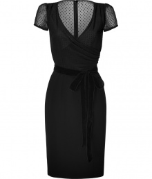 With a super sultry 1940s-inspired flair, this LWren Scott cocktail dress will make you the life of the party - Wrap style with V-neck and draped side detail, sheet lace-detailed cap sleeves and back, velvet tie belt, fitted pencil skirt, concealed back zip closure - Style with back-seam stockings, sky-high platforms, and a statement clutch