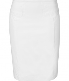 Stylish skirt in fine, pure white washed cotton - Elegant, slim pencil cut hits above the knee - Decorative seams at waist accentuate curves - Adjustable skinny belt and vent at rear - Zips at side - Streamlined and sophisticated, great for work or play - Pair with a silk blouse, button down or light cardigan and peep toe or platform pumps