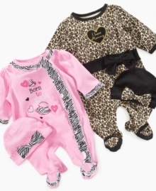 Let your little one take a walk on the wild side in one of these two-piece animal print sets from Baby Essentials.