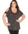 Sparkle until sunrise with INC's cold-shoulder plus size top, showcasing a studded front-- get party-perfect style!