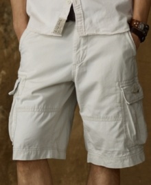 Faded and frayed for handsome ruggedness, this surplus-inspired cargo short will become your favorite for a downtown, deconstructed look.