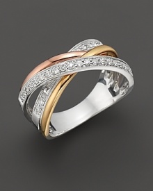 An alluring blend of white gold, pink gold, yellow gold and diamonds make this chic ring endlessly fascinating.