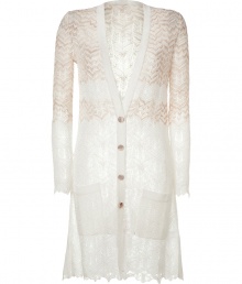 Luxe cardigan in fine, viscose and cupro blend - Elegant and chic, classic Missoni knit - On-trend, ivory and pale pink colorway - New, lengthier straight silhouette tapers gently at waist - Deep V-neck and long button placket - Two oversize front patch pockets - Delicate, decorative hem and cuffs - Sophisticated and modern, ideal for both work and play - Pair with cigarette pants, skinny jeans or a pencil skirt