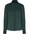 Finish your office look on a sweet note with Vanesso Brunos round collar blouse, finished with modern tailoring details for an effortless-cool edge - Rounded collar, long sleeves, buttoned cuffs, button-down front, longer back shirttail hemline - Breezy relaxed fit - Pair with pencil skirts and flawless heels, or layer over leather leggings and slick black ankle boots