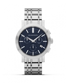 This modern Burberry chronograph watch features slick stainless steel, and a subtle, check embossed face.