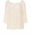 Lovely cream off-the-shoulder silk top from Theory - This feminine-detailed top brings romantic appeal to your wardrobe - Billowy silhouette, smocking and pintuck details, square neckline, 3/4 bell sleeves - Wear with flared jeans, a military-inspired jacket, and stacked heel ankle boots