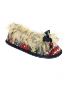 Furry and colorful. Rocket Dog's Shimmie slip on faux-fur slippers feature a decorative bow on the toe that adds a touch of contrast to this fun style.