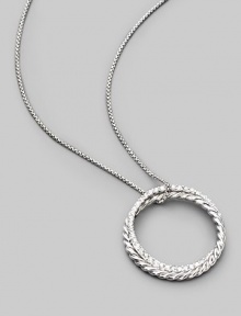 From the Silver Ice Crossover Collection. Two intertwining rings, one of sterling silver cable, the other of white gold set with pavé diamonds, hanging elegantly from a sterling silver box chain. Diamonds, 0.39 tcw Chain length, about 16 Pendant diameter, about 1 Lobster clasp Made in USA