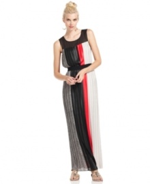 BCBGMAXAZRIA combines two on-trend looks, blending striking colorblocked pleats with a chic maxi silhouette. A patterned panel adds another twist to this high-contrast look.