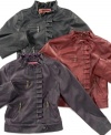 Up her urban downtown style with this pleather moto-inspired jacket from Dollhouse with super-hip distressed details.