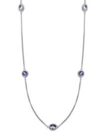 A modern update. This delicate long sterling silver necklace adds just the right pop of color with oval and round-cut amethyst stations (12 ct. t.w.). Secures with a lobster claw clasp. Approximate length: 36 inches.