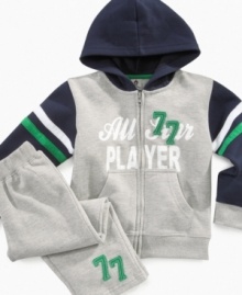 Play hard. This Clubhouse hoodie and pants set keeps him warm enough to play long into late fall evenings.