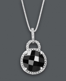 Perfectly poised and plenty polished. This stunning pendant highlights a round-cut onyx (10 mm) surrounded by a halo of sparkling diamonds (1/4 ct. t.w.). Crafted in sterling silver. Approximate length: 18 inches. Approximate drop: 3/4 inch.