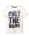 A cool shirt your brave little guy will love, this Diesel tee features a bold graphic message in denim letters.