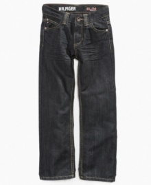 Forget the back-to-school blues: Start this year in Tommy Hilfiger's cool black denim with classic five-pocket styling.