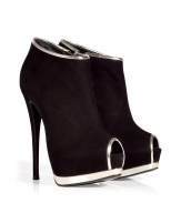 Sexy-meets-edgy with these ultra-chic peep-toe platform booties from Giuseppe Zanotti - Peep-toe with metallic trim, front platform, side zip closure, ultra-high stiletto heel, metallic trim at ankle - Style with cropped trousers and a bustier top or pleated shorts and an oversized high-low hem blouse