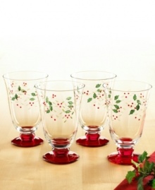 Etched and hand painted with a festive pattern of holly and berries, these Winterberry water goblets from Pfaltzgraff's collection of drinking glasses makes a merry impression at your holiday table.