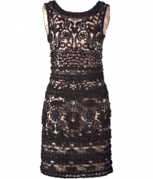 Luxurious dress in fine synthetic - From Australian designer Collette Dinnigan, known for her glamorous lace dresses - Elegant, nude dress covered with black French lace  - Feminine round neck d?collet? and wide straps, sleeveless - Glamorous embroidery - The top and skirt are cut slim and body-hugging in a classic pencil length - A dream of a dress, sexy and classy at the same time - Molds a nice, slender figure - Pair with black pumps or gladiator booties