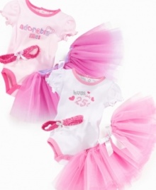 Show off her girlie-girl side in this sweet set from Cutie Pie Baby. The bodysuit comes with a tutu that can be easily removed and a matching headband to top off the little performer's outfit.