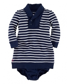 An adorable striped knit is transformed into a comfy, casual dress with a ribbed shawl collar.