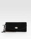 Suede defines this flap-front bag adorned with a rhinestone clasp, braided tassel and chic chain strap.Removable wristlet strap, 6¼ dropMagnetic flap and snap closureOne inside zip pocketOne inside snap pocketTwo credit card slotsOne mirrorFully lined9W X 4H X 1DMade in Italy