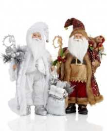 Embrace a whole new side of Santa Claus. At over a foot tall, this elaborate figurine shines in head-to-toe silver or burgundy and bronze. Even his staff and sack match for a look of lasting holiday grandeur.