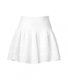 Stylish skirt in white cotton - gloriously embroidered in trendy lingerie look - short, wide bell-shape that swings - very wide waistband, set-in pleated skirt - skirt looks young, sweet and playful, fantastically suitable for the new romantic-meets-cowgirl-style - best worn with boots or ballerinas - with slim, short shirts or under a long cardigan, parka