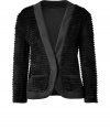 Add edgy-cool style to your look with this luxe fringed cardigan from Veronique Leroy - V-neck, long sleeves, front fringe detail, small front patch pockets - Style with leather leggings, an asymmetrical hem top, and platform pumps