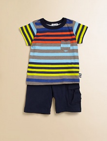 A plush cotton tee with cool, colorful stripes, paired with matching shorts, make this set a must-have for your little man.CrewneckShort sleevesPullover styleElastic waistCottonMachine washImported