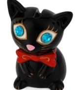 Store your hard-earned scratch in this ceramic kitty bank from Betsey Johnson. Glass crystal and a red bow tie accent, plus gold-tone details enhance the cuteness factor. Item comes packaged in a signature Betsey Johnson Gift Box. Approximate height: 3-3/4 inches.