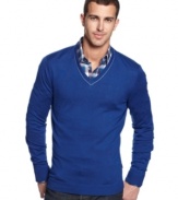 A touch of silk makes this handsome v-neck sweater by BOSS Black extremely soft.