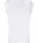 Stylish jersey top in white cotton blend - padded shoulders provide a hip cool silhouette - feminine crew neck - slim and figure hugging cut - modern luxurious top for parties or the club - pair with tight jeans, leather leggings or a pencil skirt