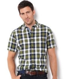 Stay in summer with this preppy plaid button-front shirt from Nautica.