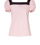 Rose-colored cotton top - Elegant with decorative black piping and bow - Update on nautical trend - Feminine square neckline with short, puffed sleeves - Fitted through chest and arms but with pretty, flowing hem - Pair with business pants, pencil skirt for day or black skinny jeans and heels for a casual night out