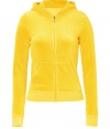 Kick-start your new season off-duty look with Juicy Coutures eye-catching yellow velour hoodie - Hooded, front zip closure, long sleeves, split kangaroo pocket - Slim fit - Pair with matching pants, favorite jeans, or mini-skirts