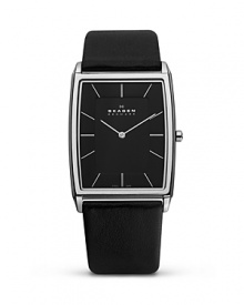 Skagen Black with Silver Steel Leather Tank Watch, 32.5mm