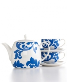 Bold design and uncompromising quality make the Lisbon tea set a real charmer. Featuring stenciled blue florals on a white porcelain teapot, teacups and saucers for two from Martha Stewart Collection. (Clearance)