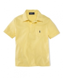 A short-sleeved polo is rendered in soft jersey-knit cotton for a classic look.