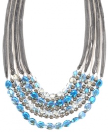 Multiple choice. Accompanied by a multi row silhouette, beautiful blue and silver tone beads stand out on Kenneth Cole New York's striking statement necklace. Adorned with faceted glass beading and sparkling crystals, it's made in hematite tone mixed metal. Approximate length: 17 inches.